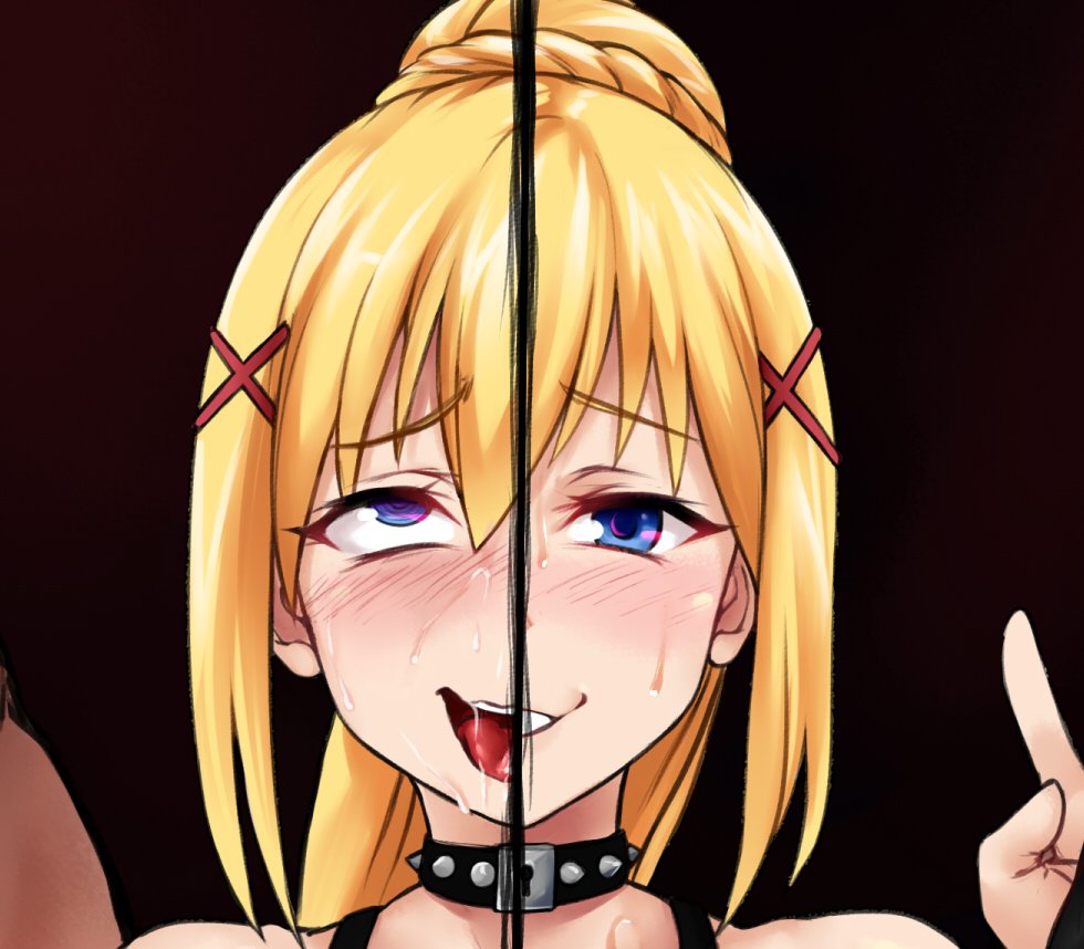 ahegao, blonde_hair, blue_eyes, blush, collar, darkness_(konosuba), hair_ornament, kono_subarashii_sekai_ni_shukufuku_wo!