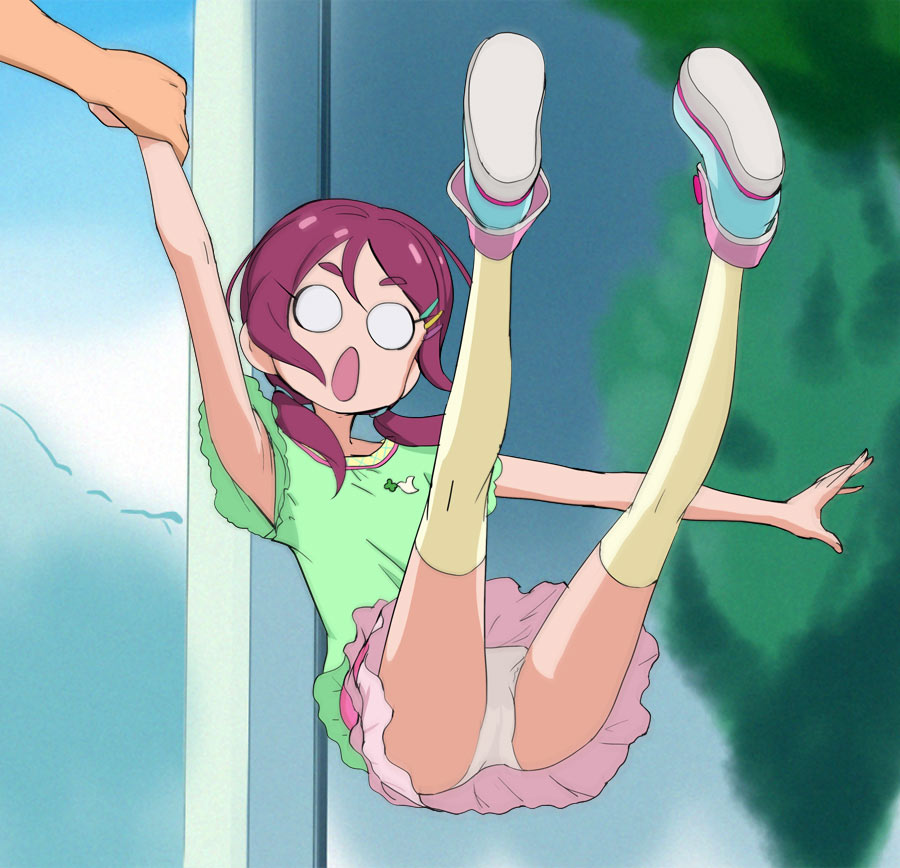 1girl, blue_footwear, hair_ornament, hairclip, haruyama_kazunori, hugtto!_precure, nono_kotori, o_o, outdoors, panties, pantyshot, pink_skirt, precure, redhead, shoes, short_hair, short_twintails, skirt, solo_focus, thigh-highs, twintails, underwear, white_panties, yellow_legwear