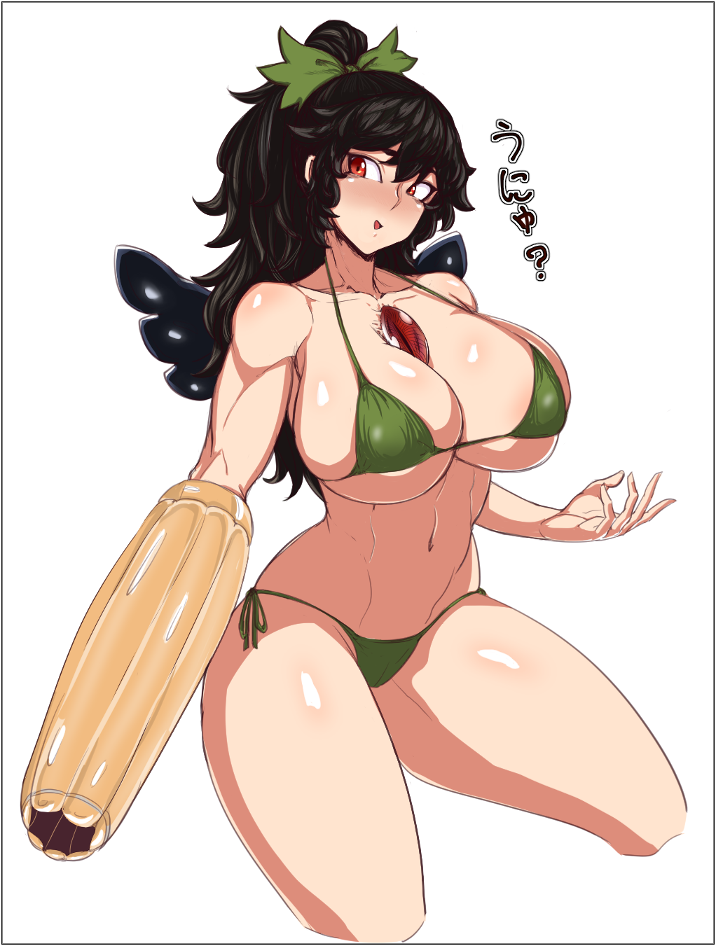 1girl, arm_cannon, bikini, bird_wings, black_hair, black_wings, bow, breasts