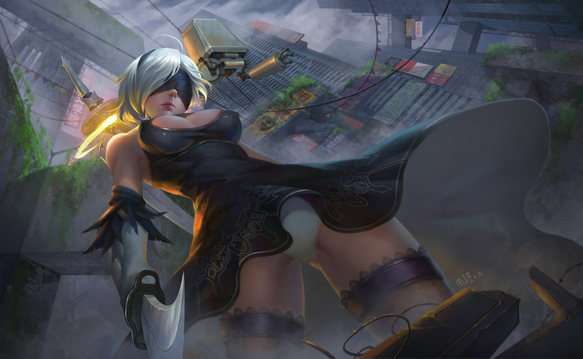 1girl, absurdres, ahoge, bare_shoulders, black_blindfold, black_dress, black_hairband, blindfold, breasts, building, cleavage, cleavage_cutout, covered_eyes, covered_nipples, detached_sleeves, dress, drone, elbow_gloves, feather-trimmed_sleeves, foreshortening, from_below, gloves, hair_over_one_eye, hairband, highres, holding, holding_sword, holding_weapon, junqi_mu, katana, leotard, leotard_under_clothes, lips, medium_breasts, nier_(series), nier_automata, nose, pink_lips, pod_(nier_automata), pointing, pointing_at_viewer, post-apocalypse, ruins, short_hair, silver_hair, skyscraper, solo_focus, sword, thigh-highs, upskirt, virtuous_contract, weapon, white_gloves, white_leotard, yorha_no._2_type_b