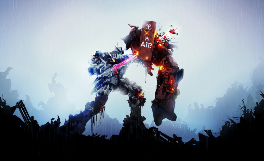 1boy, battle, battlefield, beam_saber, char_aznable, commentary, defeat, english_commentary
