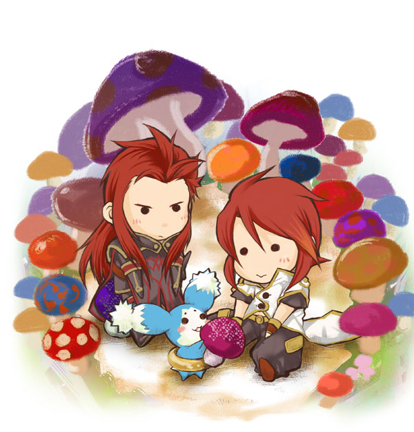 :>, asch, chibi, hige_tei, luke_fon_fabre, male, mieu, multiple_boys, mushroom, red_hair, redhead, surcoat, tales_of_(series), tales_of_the_abyss