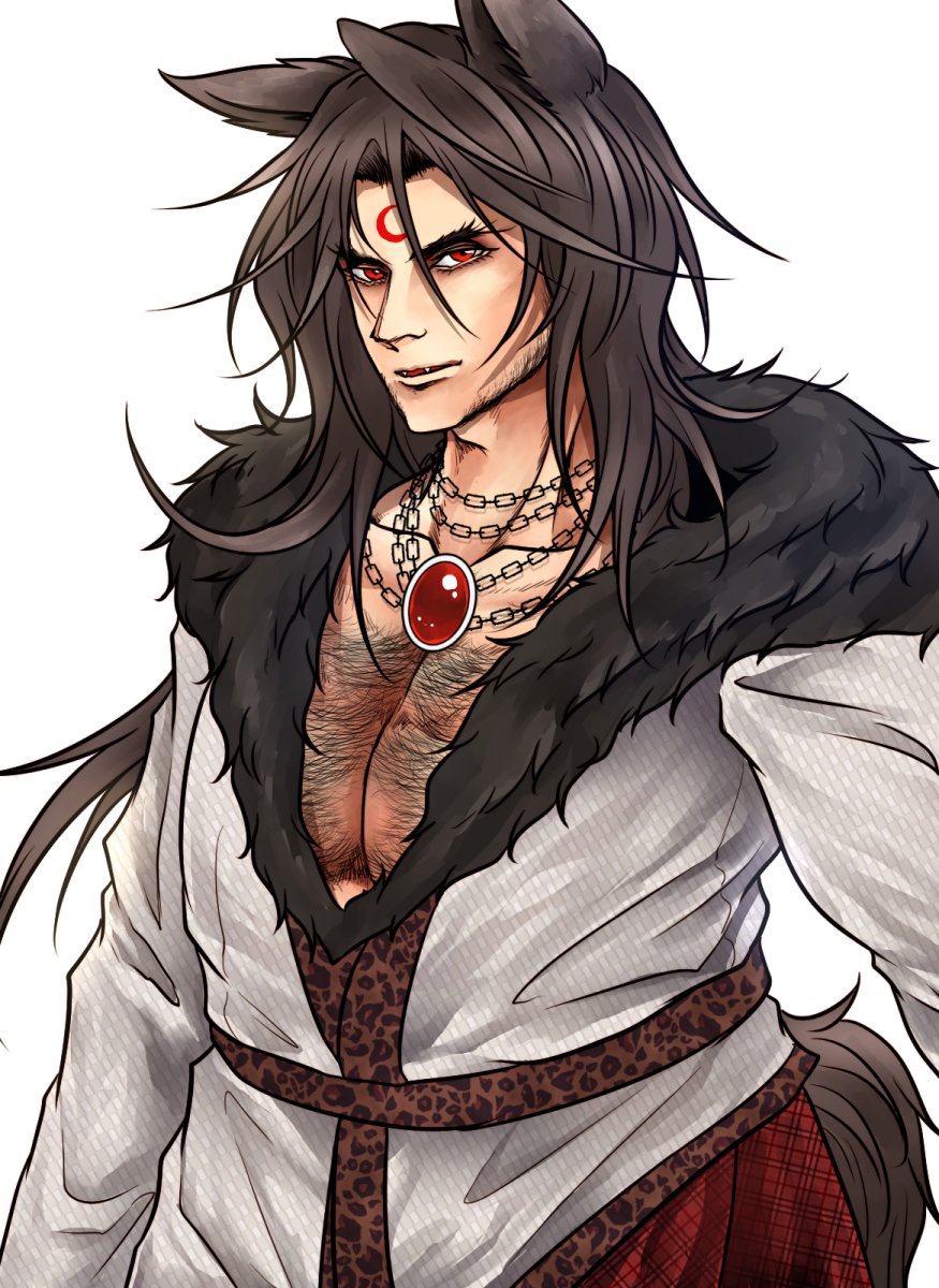 1boy, animal_ears, brown_hair, chains, chest_hair, commentary_request, crescent, crescent_tattoo