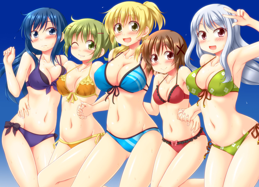 5girls, bikini, blonde_hair, blue_background, blue_bikini, blue_eyes, blue_hair, breasts