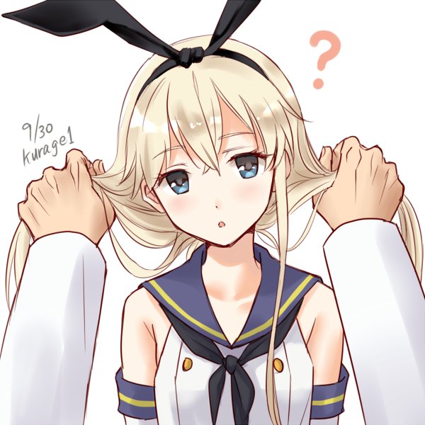 1girl, ?, blonde_hair, blue_eyes, blue_sailor_collar, crop_top, dated, elbow_gloves