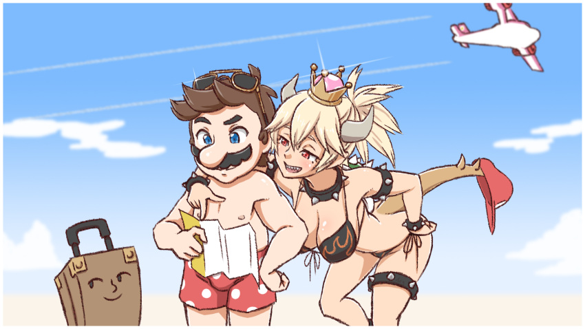 aea, arm_on_shoulder, bikini, blonde_hair, blue_eyes, bowsette, bracelet, breasts, brown_hair, clouds, collar, facial_hair, hat, highres, horns, jewelry, large_breasts, luggage, map, mario, super_mario_bros., mustache, nintendo, pointing, polka_dot, polka_dot_shorts, red_eyes, sharp_teeth, shirtless, shorts, sky, smile, spiked_armlet, spiked_bracelet, spiked_collar, spiked_shell, spiked_tail, spiked_thighlet, spikes, super_crown, super_mario_bros., super_mario_sunshine, swimsuit, tail, teeth