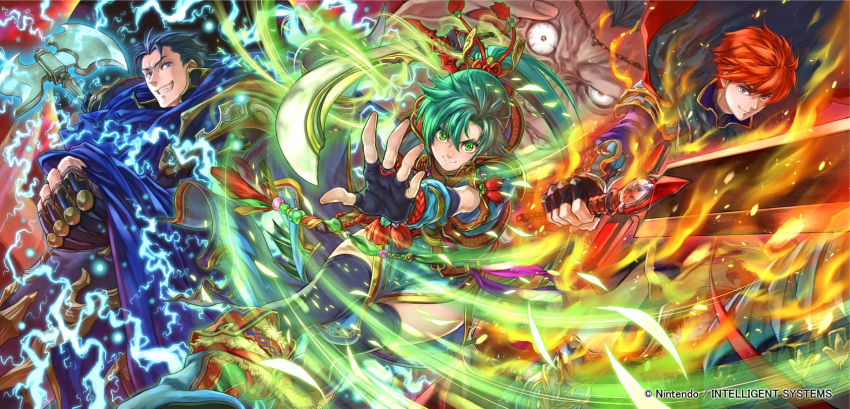 1girl, 3boys, action, armor, aura, axe, black_gloves, black_hair