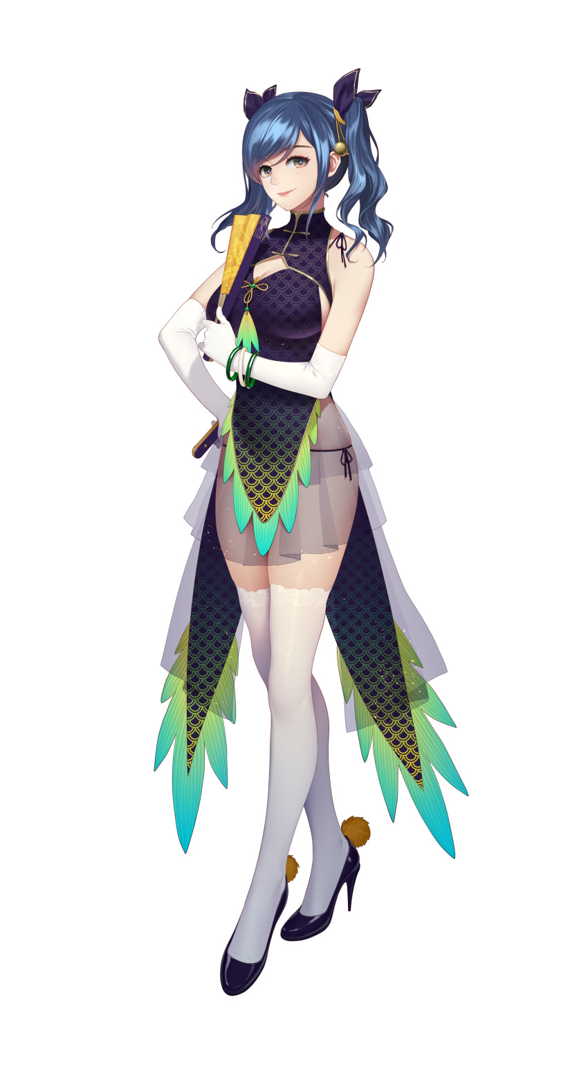 1girl, absurdres, black_panties, blue_hair, bracelet, breasts, brown_eyes, china_dress, chinese_clothes, daye_bie_qia_lian, dress, elbow_gloves, fan, full_body, gloves, hair_ribbon, high_heels, highres, holding, holding_fan, jewelry, looking_at_viewer, panties, ribbon, romantic_saga_of_beauty_&amp;_devil, see-through, short_hair, short_twintails, side-tie_panties, simple_background, smile, solo, standing, thigh-highs, twintails, underwear, white_background, white_gloves, white_legwear