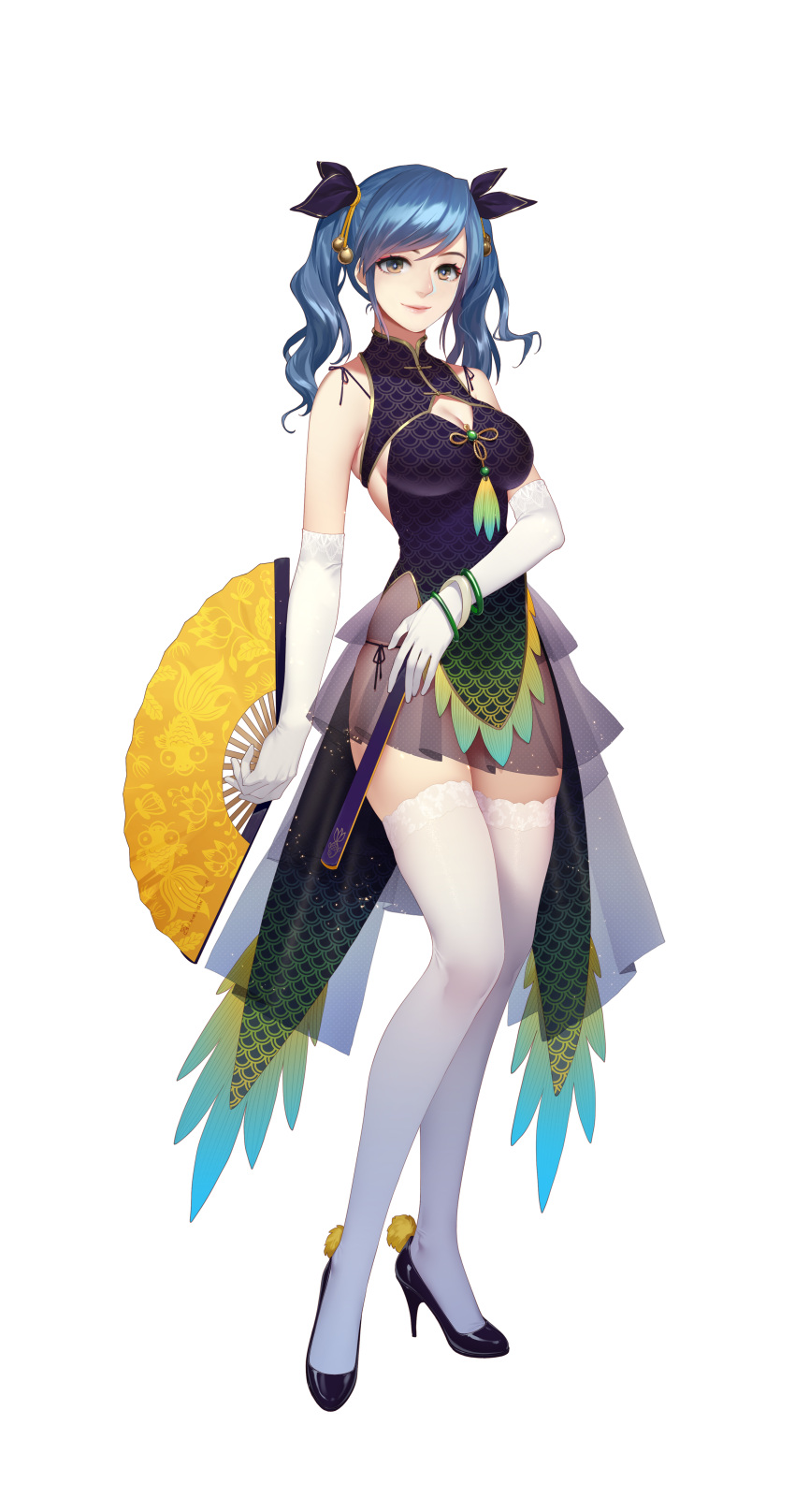 1girl, absurdres, black_panties, blue_hair, bracelet, breasts, brown_eyes, china_dress