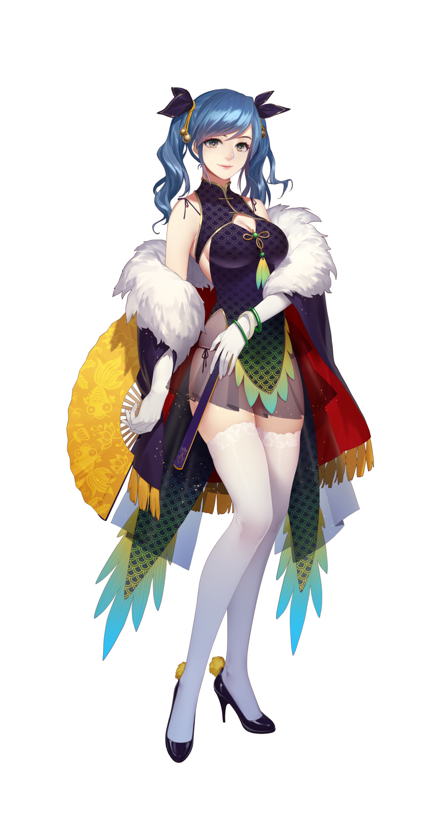 1girl, absurdres, black_panties, blue_hair, bracelet, breasts, brown_eyes, china_dress, chinese_clothes, coat, daye_bie_qia_lian, dress, elbow_gloves, fan, full_body, fur-trimmed_coat, fur_trim, gloves, hair_ribbon, high_heels, highres, holding, holding_fan, jewelry, looking_at_viewer, panties, ribbon, romantic_saga_of_beauty_&amp;_devil, see-through, short_hair, short_twintails, side-tie_panties, simple_background, smile, solo, standing, thigh-highs, twintails, underwear, white_background, white_gloves, white_legwear