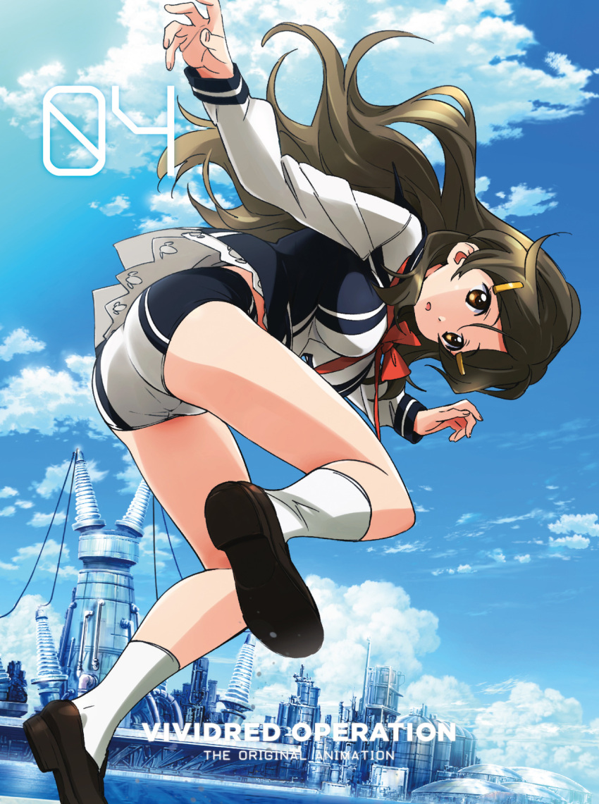 1girl, ascii_media_works, ass, black_shirt, breasts, brown_eyes, brown_hair, clouds, cover, from_behind, hair_ornament, hairclip, highres, kneehighs, long_hair, looking_back, mbs, official_art, shinomiya_himawari, shirt, shoes, short_shorts, shorts, sky, solo, tanaka_yuusuke, tokyo_mx, vividred_operation, white_legwear, white_shirt