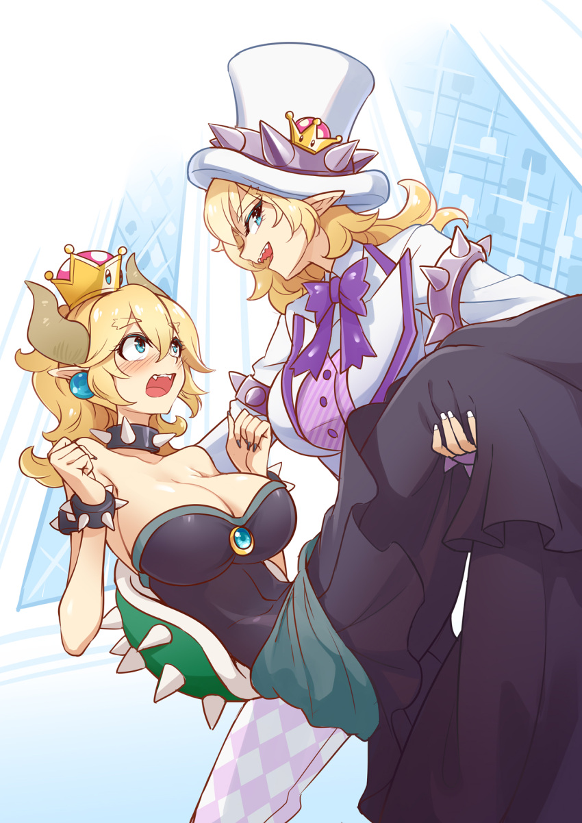 2girls, blonde_hair, blue_eyes, blush, bow, bowsette, bowtie, breasts