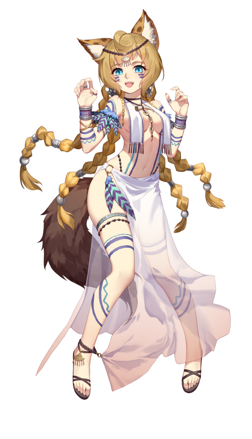 1girl, absurdres, animal_ears, armlet, blue_eyes, bracelet, breasts, brown_hair