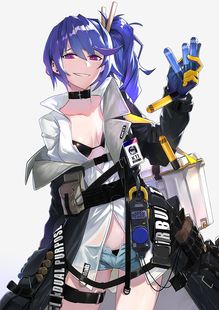 1girl, bangs, bikini, black_bikini, black_coat, blue_hair, blue_shorts, blush, breasts, character_name, clothes_pin, coat, collarbone, cooler, dropping, earrings, explosive, girls_frontline, grenade, hair_between_eyes, highres, holding_grenade, jewelry, k11_(girls_frontline), leather_choker, logn_sleeves, long_hair, long_shirt, medium_breasts, messy_hair, multiple_earrings, name_tag, off_shoulder, open_clothes, open_coat, parted_lips, pouch, see-through, shirt, short_shorts, shorts, side_ponytail, sidelocks, simple_background, smile, snap-fit_buckle, solo, stud_earrings, swimsuit, thighs, trench_coat, unbuttoned_pants, violet_eyes, white_background, white_shirt, xiaozilongjiang
