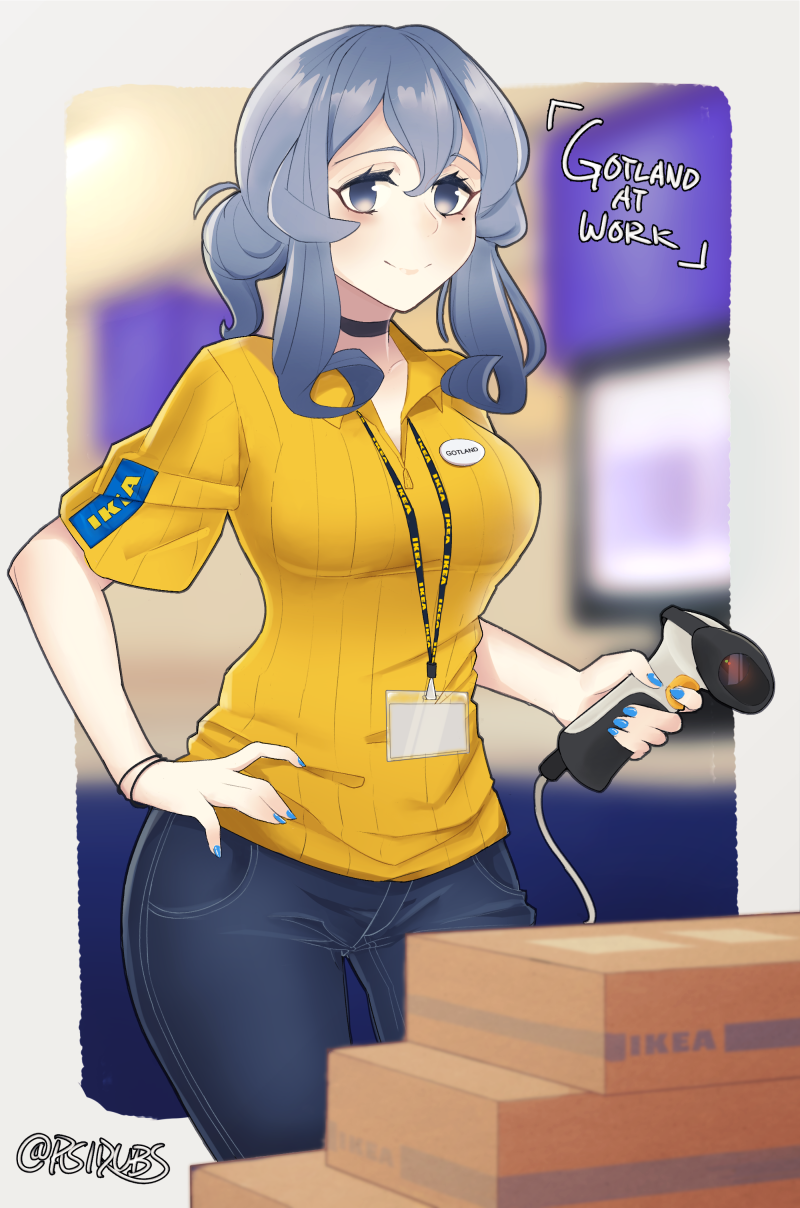 1girl, alternate_costume, artist_name, barcode_scanner, blue_eyes, blue_hair, blurry, blurry_background