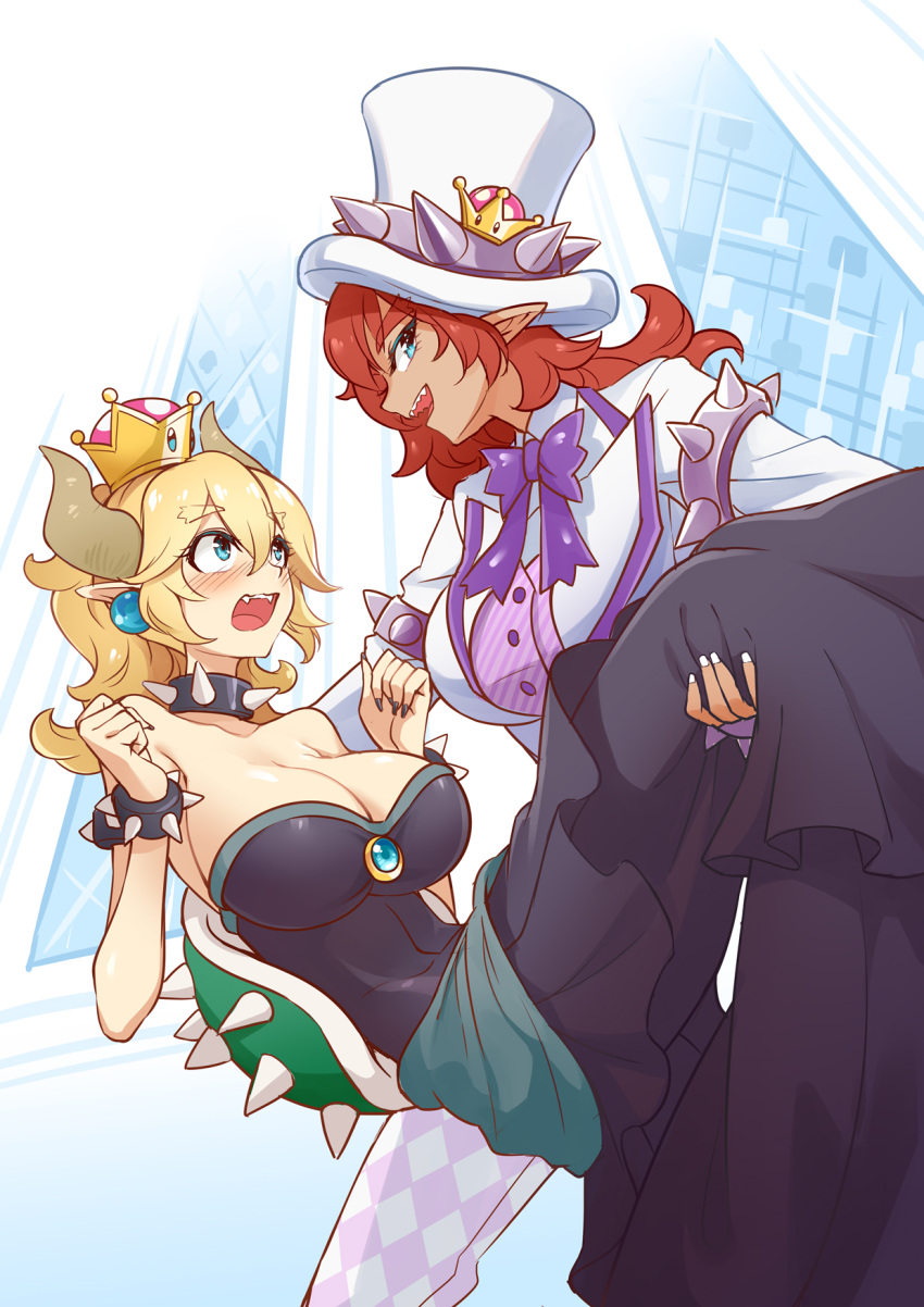 2girls, blonde_hair, blue_eyes, blush, borrowed_design, bow, bowsette, bowtie
