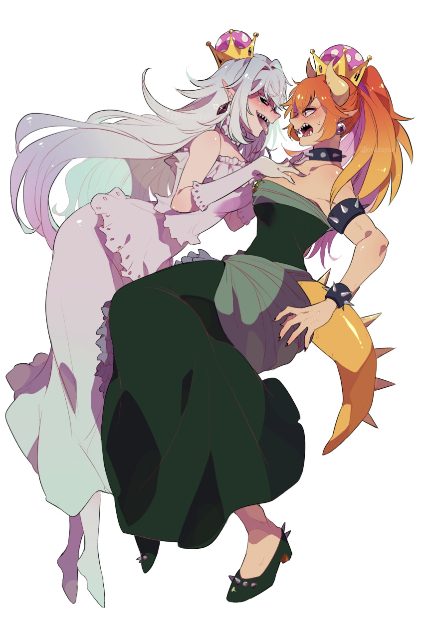 2girls, bare_shoulders, black_dress, black_sclera, blonde_hair, blue_eyes, blush, bowsette