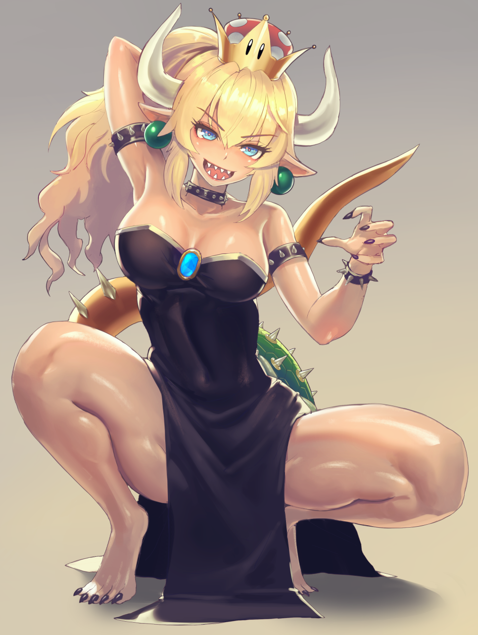 1girl, adapted_costume, arm_behind_head, backlighting, bangs, bare_shoulders, barefoot, black_nails