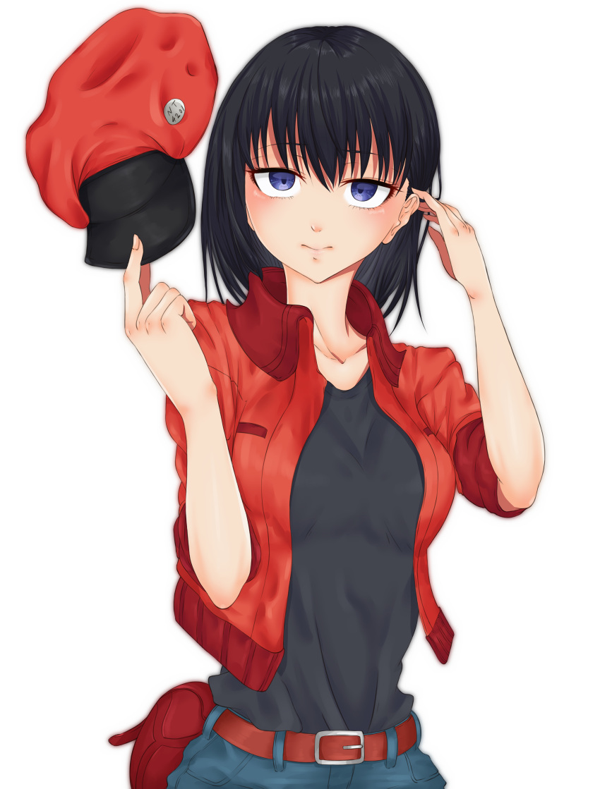 1girl, absurdres, adjusting_hair, belt, black_hair, black_shirt, cabbie_hat, commentary, cowboy_shot, denim, denim_shorts, hat, hat_removed, hataraku_saibou, headwear_removed, highres, holding, holding_hat, jacket, kana_kinoko, light_smile, medium_hair, nt-4201, red_blood_cell_(hataraku_saibou), red_hat, red_jacket, shirt, shorts, simple_background, solo, uniform, violet_eyes, white_background