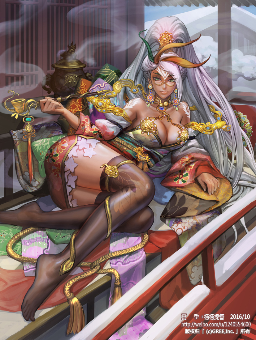 ass, bare_shoulders, black_legwear, breasts, cleavage, earrings, fantasy, full_body