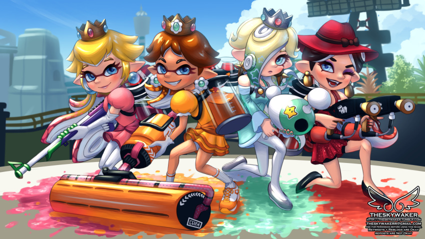 4girls, black_hair, blonde_hair, blue_eyes, brown_hair, company_connection, earrings, eyeshadow, fangs, hair_over_one_eye, hat, ink, inkling, jewelry, looking_at_viewer, makeup, super_mario_bros., multicolored_hair, multiple_girls, nintendo, octoling, open_mouth, pauline_(mario), princess_daisy, princess_peach, rosetta_(mario), smile, splat_charger_(splatoon), splat_dualies_(splatoon), splat_roller_(splatoon), splatoon, standing, suction_cups, super_mario_bros., super_mario_galaxy, super_mario_odyssey, super_smash_bros., tentacle_hair, theskywaker, two-tone_hair, weapon
