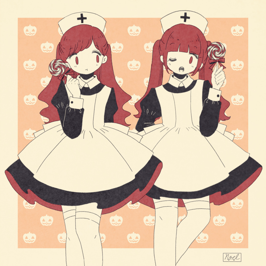 2girls, absurdres, arm_behind_back, artist_name, bangs, blunt_bangs, candy, closed_mouth, collared_shirt, contrapposto, costume_request, cowboy_shot, eyebrows_visible_through_hair, food, halloween, highres, holding, holding_candy, jack-o'-lantern, jack-o'-lantern_print, juliet_sleeves, lollipop, long_hair, long_sleeves, looking_at_another, multiple_girls, noeru_(noellemonade), nurse, one_eye_closed, open_mouth, orange_background, original, puffy_sleeves, red_eyes, redhead, shirt, thigh-highs, twins, twintails, white_legwear