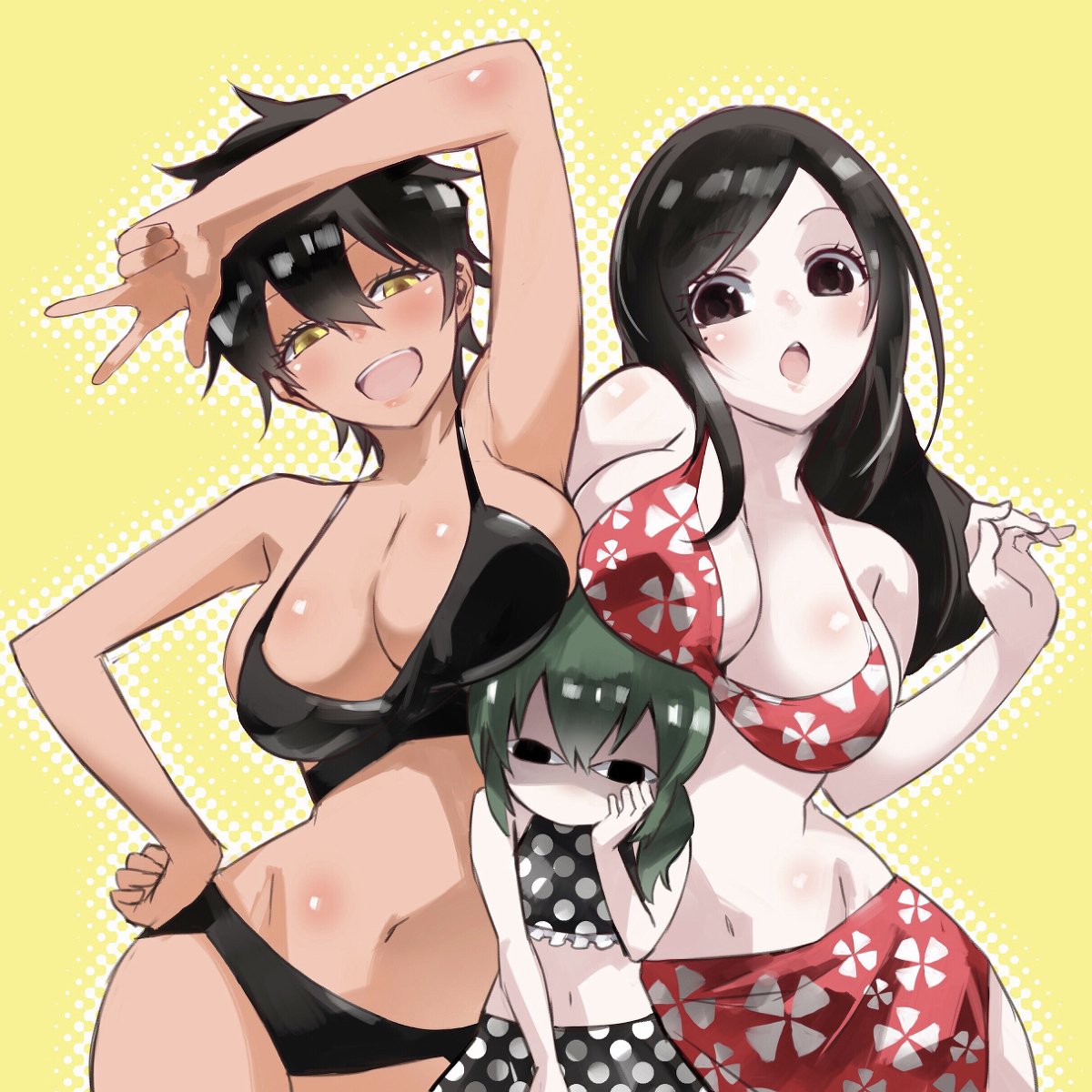 <o>_<o>, 3girls, bikini, black_hair, blush, breast_envy, breast_rest, breasts, breasts_on_head, cleavage, commentary_request, floral_print, green_hair, height_difference, highres, igarashi_futaba_(shiromanta), kurobe_natsumi_(shiromanta), large_breasts, medium_hair, mole, mole_under_eye, multiple_girls, navel, polka_dot, ponytail, qqyy8rf9k, sakurai_(shiromanta), senpai_ga_uzai_kouhai_no_hanashi, short_hair, swimsuit, tan, v