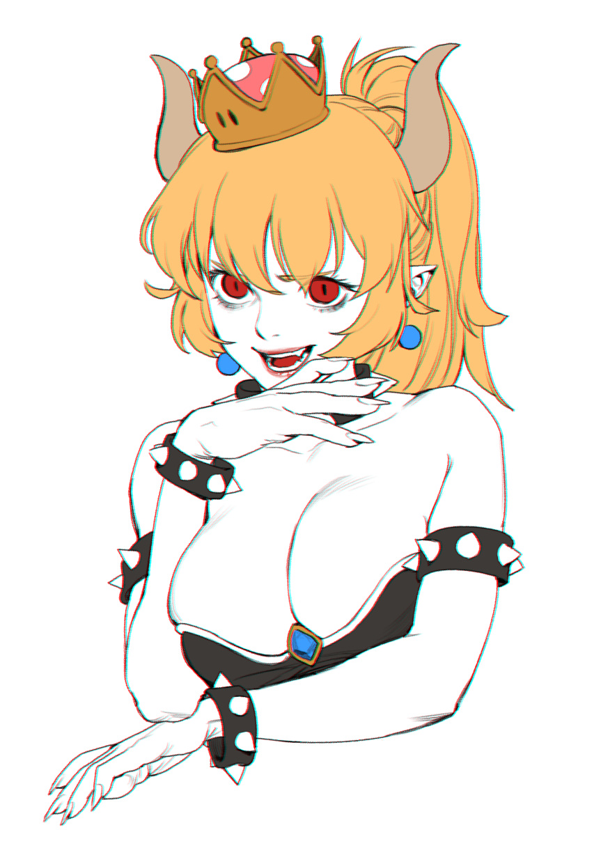 1girl, absurdres, arm_rest, bangs, bare_shoulders, blonde_hair, bon_sama, bowsette, bracelet, breast_press, breasts, chromatic_aberration, cleavage, collar, collarbone, dress, eyebrows_visible_through_hair, eyelashes, fang, fingernails, hand_to_own_mouth, highres, horns, jewelry, large_breasts, long_ponytail, looking_at_viewer, super_mario_bros., monochrome, new_super_mario_bros._u_deluxe, nintendo, outline, pink_lips, pointy_ears, ponytail, red_eyes, sapphire_(stone), sharp_fingernails, sidelocks, smile, solo, spiked_bracelet, spiked_collar, spikes, spot_color, strapless, strapless_dress, super_crown, teeth, upper_body