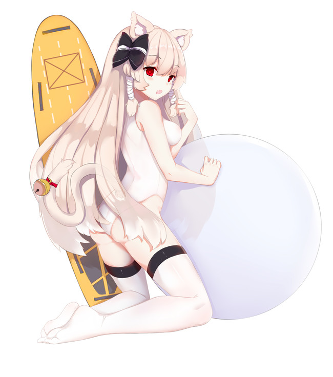1girl, animal_ears, ass, ball, bangs, bare_arms, bare_shoulders, bell