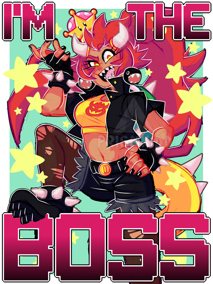 1girl, absurdres, alternate_costume, alternate_eye_color, bangs, black_jacket, black_nails, black_shorts, border, bowsette, bracelet, breasts, chain_chomp, cleavage, coin, collared_jacket, crop_top, cropped_jacket, dark_skin, earrings, english, eyebrows_visible_through_hair, gradient_eyes, green_background, hand_on_hip, hand_up, highres, jacket, jewelry, long_hair, looking_at_viewer, super_mario_bros., medium_breasts, multicolored, multicolored_eyes, nail_polish, new_super_mario_bros._u_deluxe, nintendo, outside_border, pantyhose, print_shirt, prismkidd, red_eyes, redhead, sharp_teeth, sheer_legwear, shirt, short_hair, shorts, sidelocks, simple_background, smile, solo, spiked_boots, spiked_bracelet, spiked_shell, spiked_tail, spikes, split_ponytail, super_crown, teeth, thick_eyebrows, torn_clothes, torn_legwear, torn_pantyhose, torn_shorts, waist, white_border, wide_ponytail, yellow_eyes, yellow_shirt