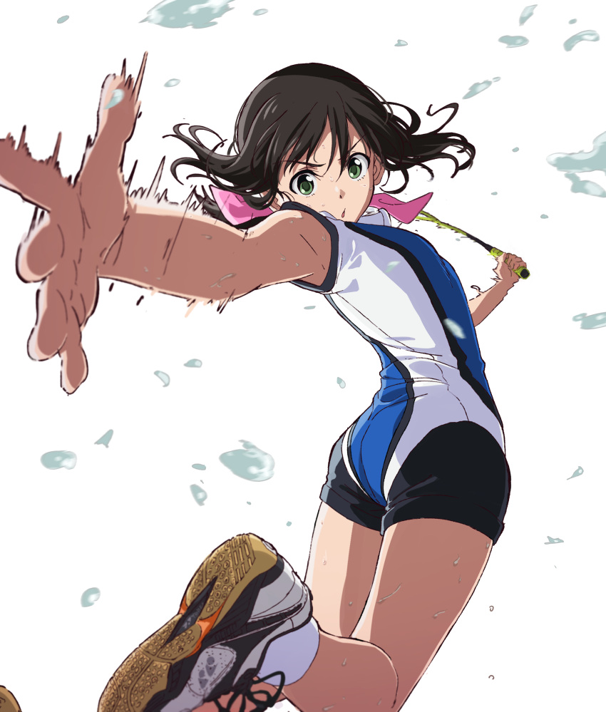 1girl, :o, absurdres, ass, badminton_racket, bow, foreshortening, green_eyes, hair_bow, hanebado!, hanesaki_ayano, highres, long_hair, motion_lur, pink_bow, racket, rown_hair, solo, sweat, tomato_(lsj44867), twisted_torso, white_background