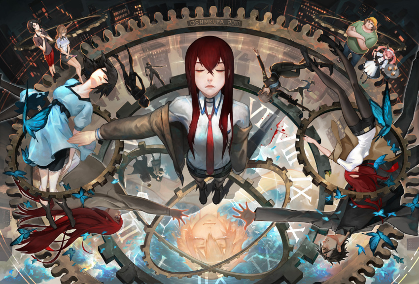 akiha_rumiho, amane_suzuha, animal_ears, apron, baseball_cap, black_hair, black_shirt, black_skirt, blonde_hair, blue_dress, blue_pants, blue_shirt, boots, braid, breasts, brown_hair, brown_jacket, brown_legwear, bug, butterfly, cat_ears, character_request, closed_eyes, closed_mouth, denim, dress, facing_viewer, fat, fat_man, floating_hair, gears, glasses, green_shirt, grey_coat, hair_ornament, hairband, hairclip, hand_on_hip, hashida_itaru, hat, insect, jacket, jeans, kiryuu_moeka, long_hair, long_sleeves, maid, makise_kurisu, medium_breasts, necktie, nikusenpai, off_shoulder, okabe_rintarou, pants, pantyhose, parted_lips, pencil_skirt, reaching_out, red_neckwear, red_shorts, redhead, running, sandals, sash, shiina_mayuri, shirt, short_sleeves, shorts, skirt, standing, steins;gate, tray, twintails, urushibara_ruka, white_apron, white_shirt