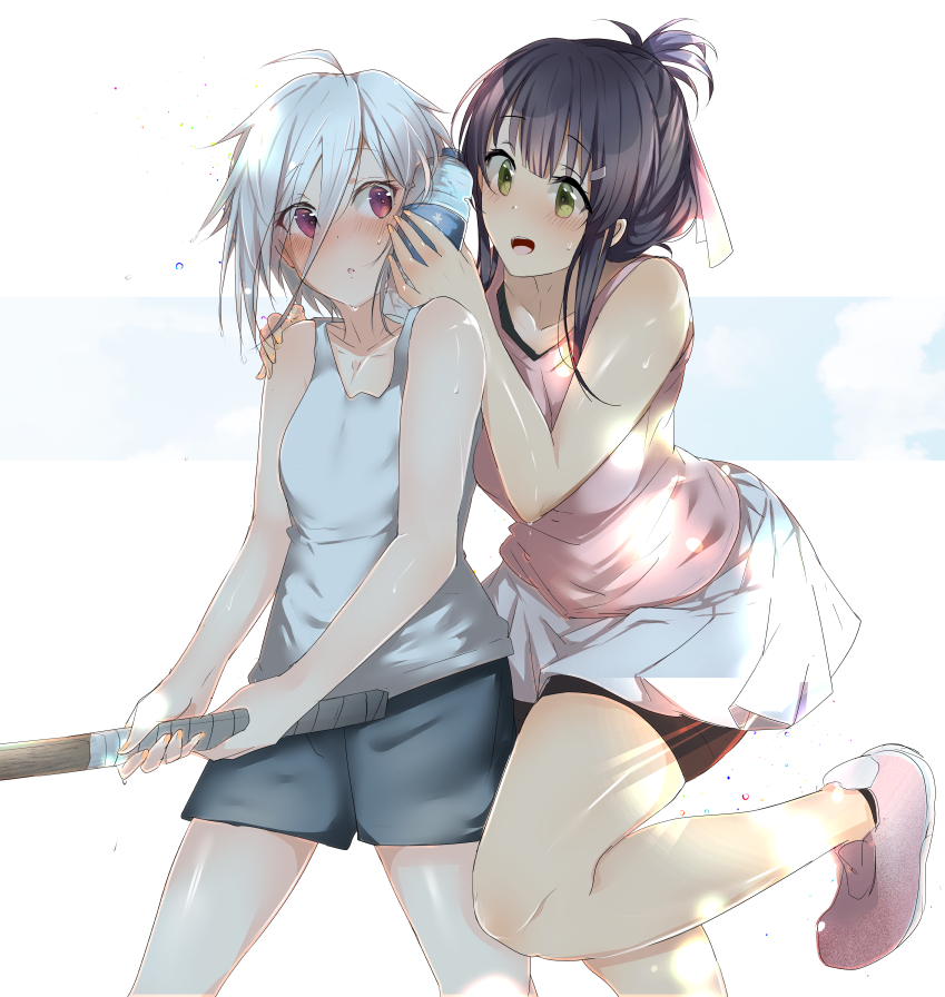 80mph, ahoge, black_hair, blush, bokken, bottle, bottle_to_cheek, couple