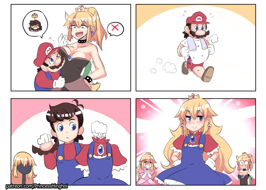 1boy, 2girls, beard, blonde_hair, blue_eyes, blush, bottle, bowsette, breasts, cleavage, closed_eyes, crossdressinging, crown, dress, drooling, earrings, facial_hair, flying_sweatdrops, gloves, height_difference, hinghoi, horns, huffing, jewelry, jogging, large_breasts, long_hair, mariette, mario, super_mario_bros., multiple_girls, new_super_mario_bros._u_deluxe, nintendo, one_eye_closed, open_mouth, pants, ponytail, princess_peach, props, saliva, sharp_teeth, shell, smile, spikes, super_crown, super_mario_bros., surprised, sweat, teeth, tiara, track_pants, trap, turtle_shell, water_bottle, white_gloves, wig