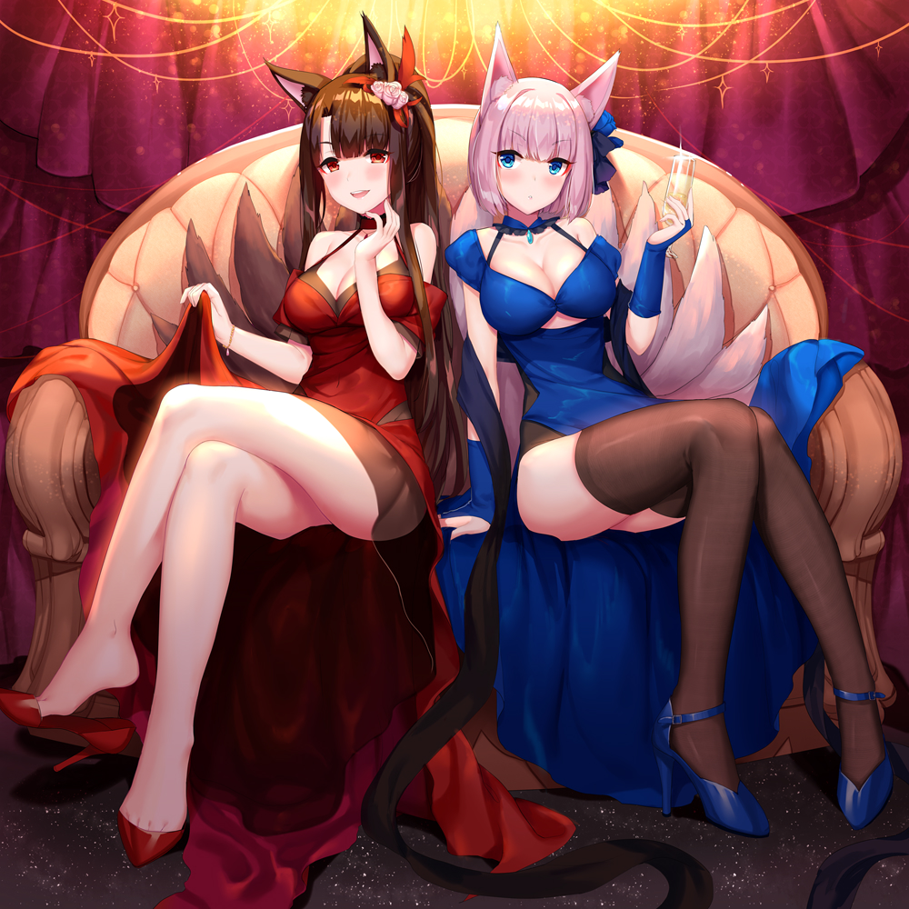 2girls, :d, akagi_(azur_lane), alcohol, animal_ears, arm_support, azur_lane, bangs