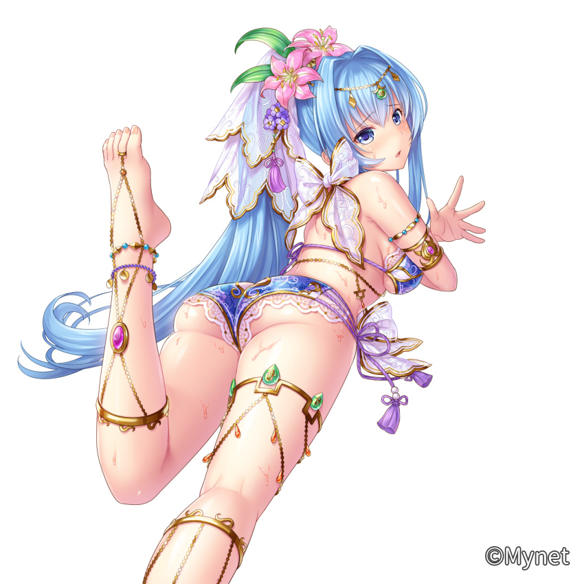 1girl, :o, armlet, ass, bare_back, bare_shoulders, barefoot, barefoot_sandals