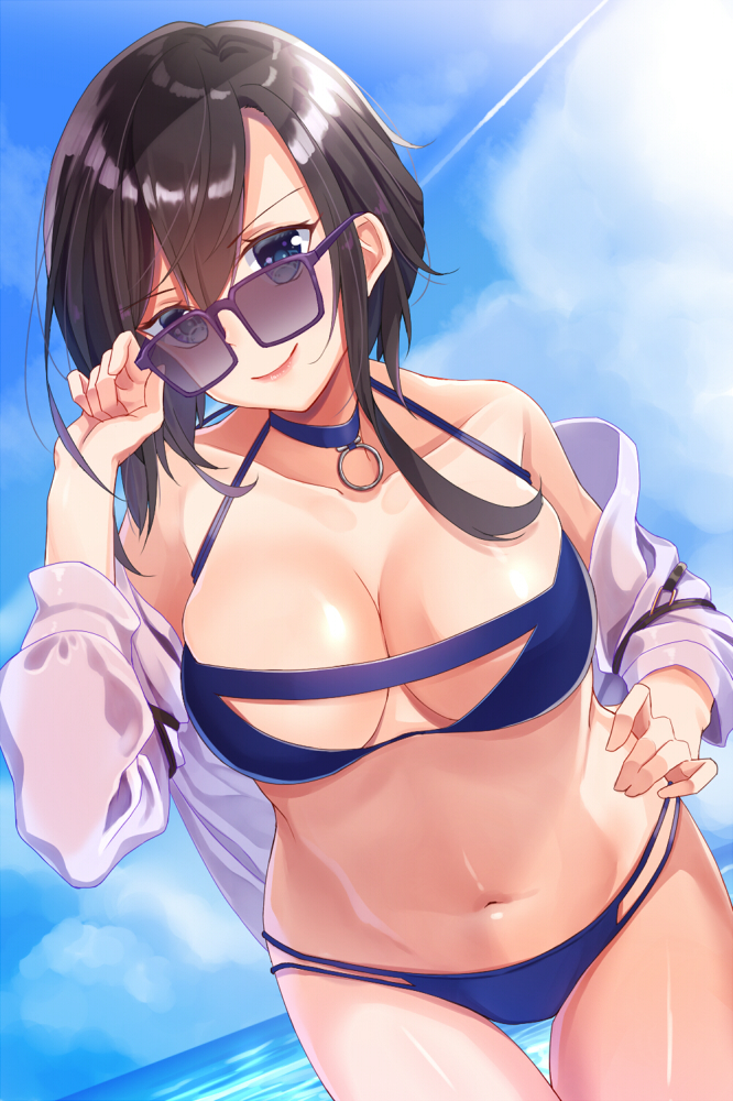 1girl, adjusting_eyewear, ark_royal_(azur_lane), asakura_with_azu, azur_lane, bikini, black_hair, blue_bikini, blue_eyes, breasts, choker, cleavage, commentary_request, hair_between_eyes, hand_on_hip, large_breasts, leaning_forward, navel, ocean, off-shoulder_shirt, shirt, short_hair, solo, sunglasses, swimsuit, thigh_gap