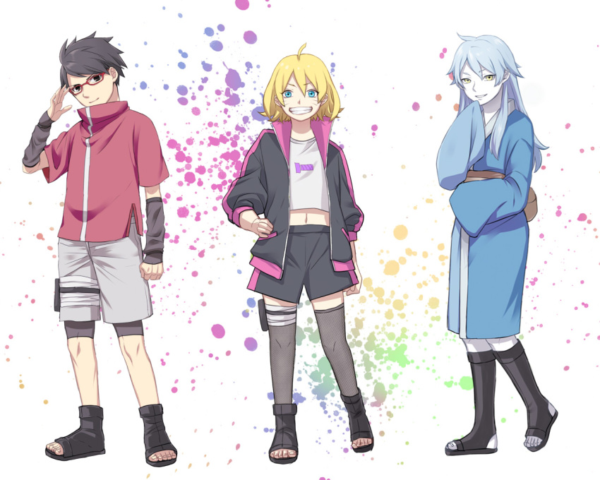 1boy, 2girls, adjusting_eyewear, ahoge, black_legwear, blonde_hair, boruto:_naruto_next_generations, boruto:_naruto_the_movie, fishnet_legwear, fishnets, genderswap, genderswap_(ftm), genderswap_(mtf), glasses, grin, jacket, japanese_clothes, komedai, long_hair, looking_at_viewer, midriff, mitsuki_(naruto), multiple_girls, naruto_(series), navel, short_hair, shorts, sleeves_past_fingers, sleeves_past_wrists, smile, thigh-highs, uchiha_sarada, uzumaki_boruto