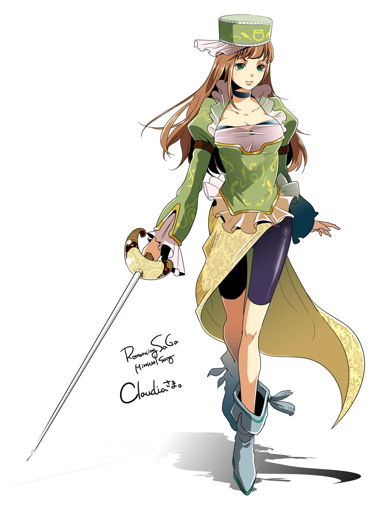 1girl, bike_shorts, bra, breasts, brown_hair, chimaki_(impressiveanarchy), claudia_(saga), cleavage