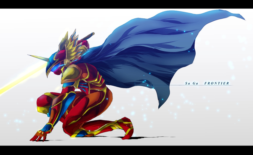 1boy, alkaiser, armor, body_armor, cape, commentary_request, energy_sword, full_armor