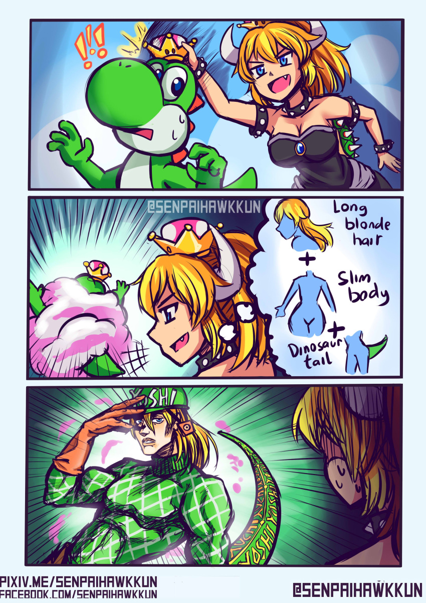 1boy, 1girl, absurdres, black_dress, blonde_hair, bowsette, comic, commentary