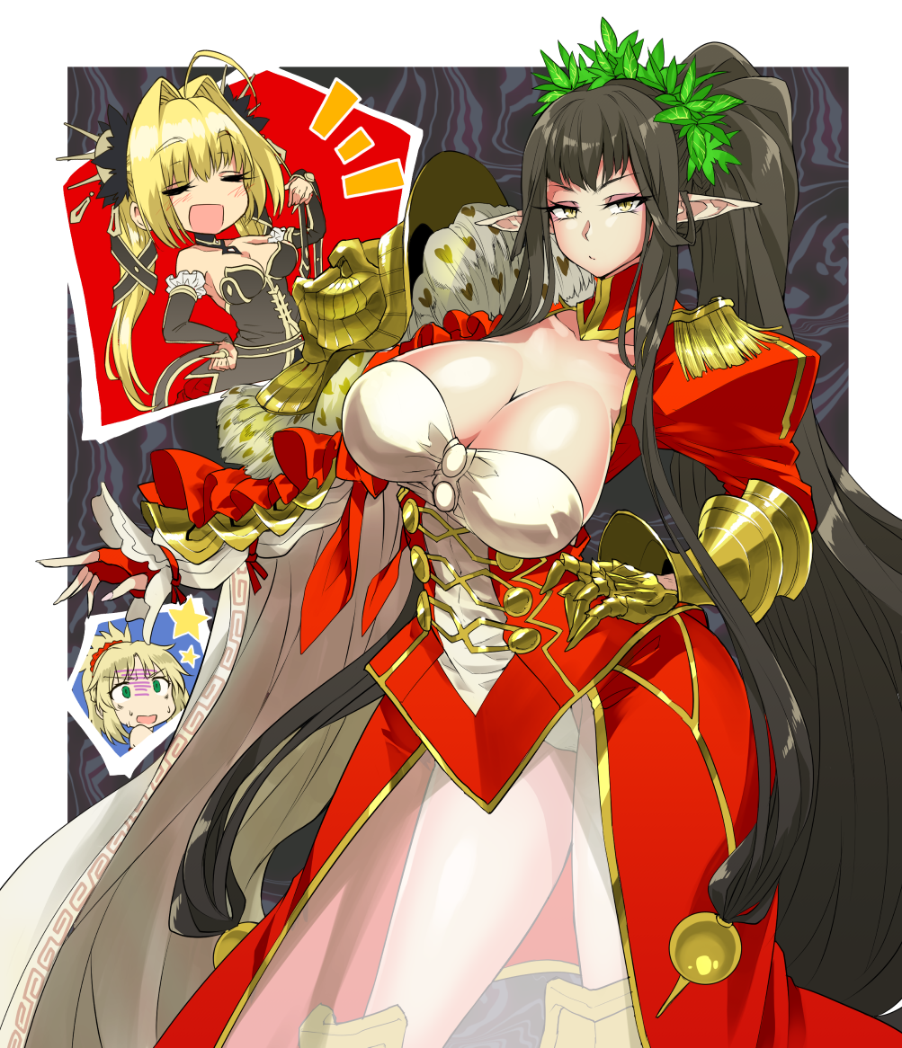 3girls, ahoge, bangs, bare_shoulders, black_dress, black_hair, blonde_hair, breasts