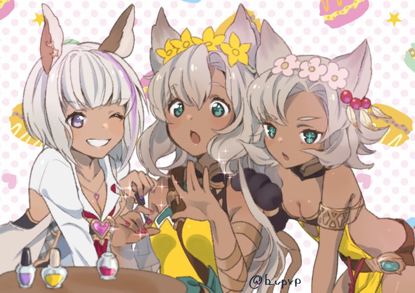 3girls, b_vpxp, backless_outfit, breasts, chloe_(granblue_fantasy), cleavage, collared_shirt, dark_skin