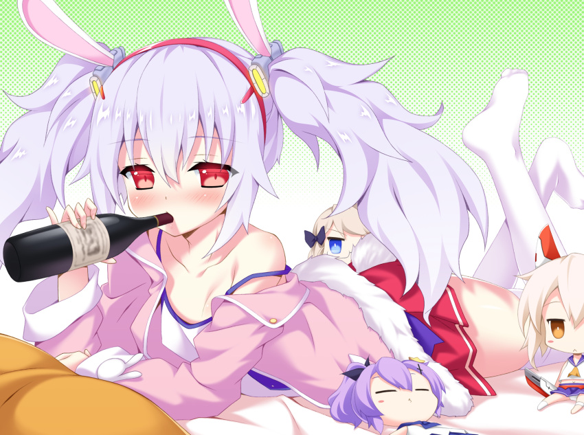 1girl, animal_ears, ayanami_(azur_lane), azur_lane, bangs, bed_sheet, blue_eyes, bottle