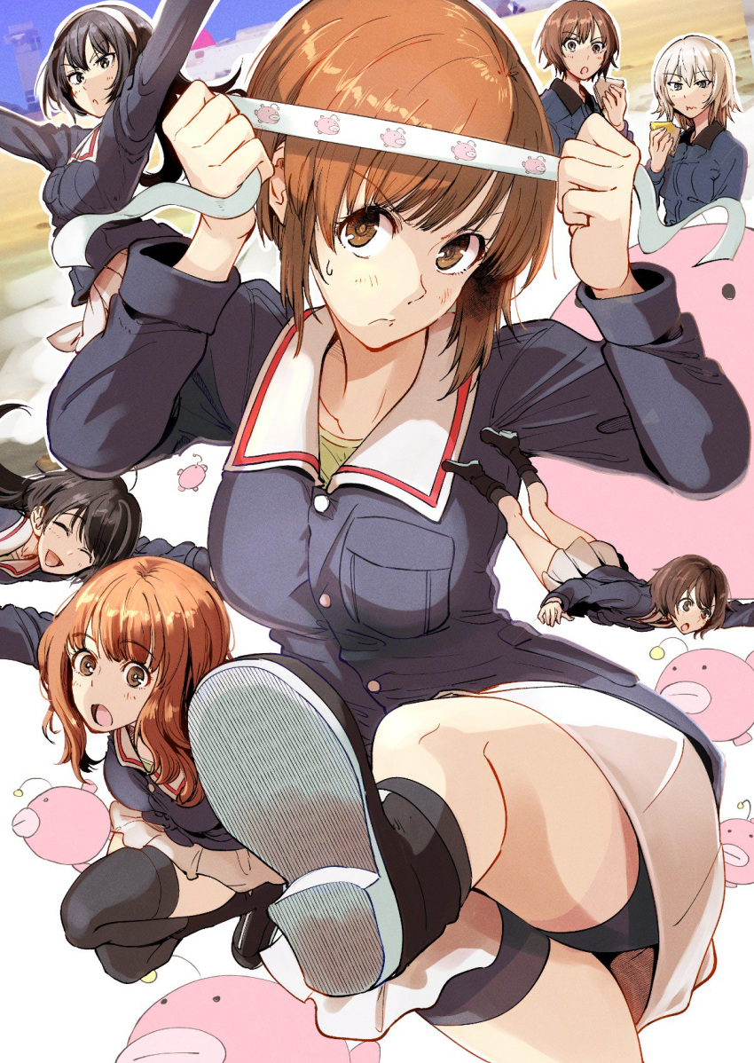 6+girls, :o, :t, ahoge, akiyama_yukari, anglerfish, arm_up, arms_up