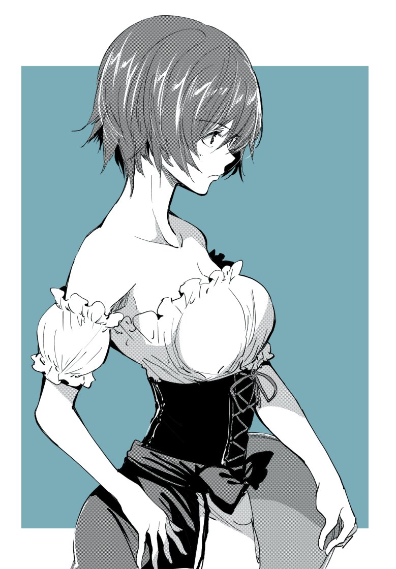 1girl, bangs, bare_shoulders, bonkara_(sokuseki_maou), breasts, cleavage, closed_mouth, commentary