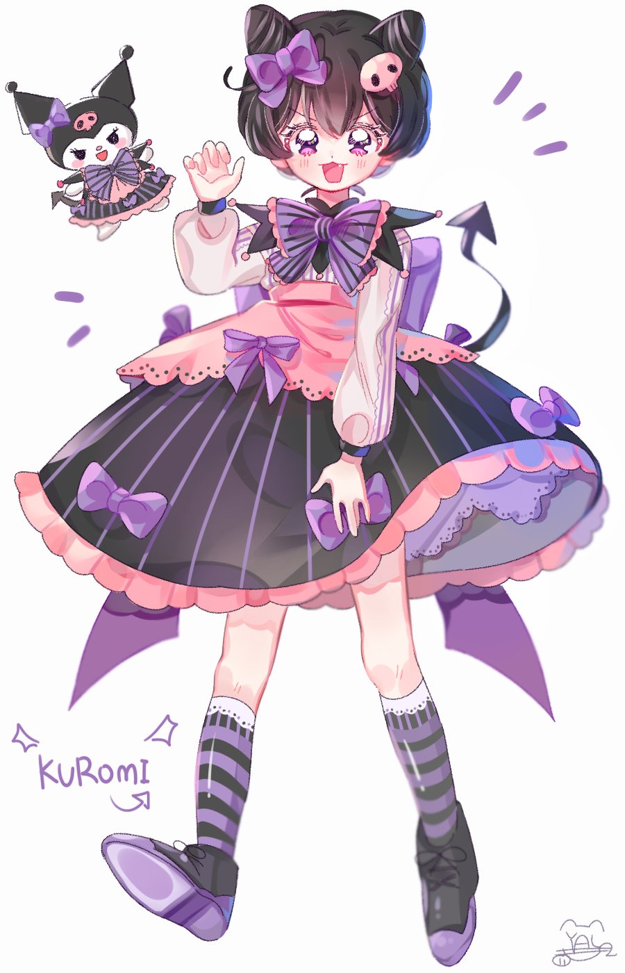 1girl, black_footwear, black_hair, blush, bow, character_name, dress, full_body