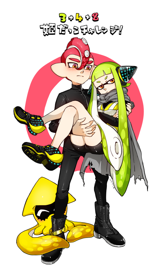 1boy, 1girl, agent_8, ankle_boots, anklet, bangs, bike_shorts, black_footwear