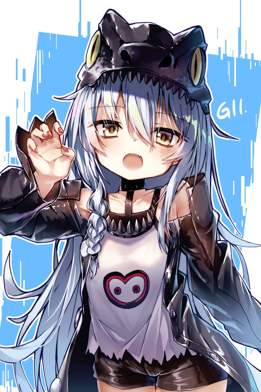 1girl, :o, bangs, bare_shoulders, black_hat, black_jacket, black_shorts, blush