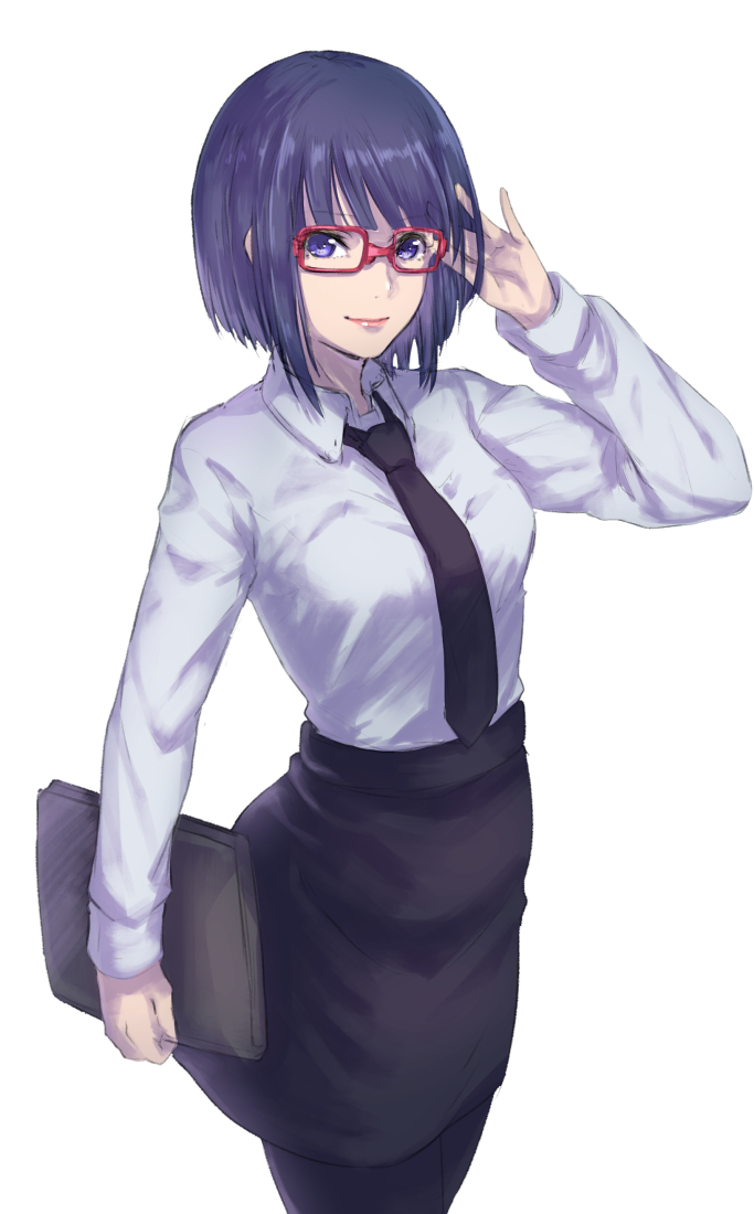 1girl, adjusting_eyewear, arm_up, bangs, black_legwear, black_neckwear, black_skirt, blue_eyes, blue_hair, book, breasts, commentary_request, cowboy_shot, eyebrows_visible_through_hair, glasses, holding, holding_book, lipstick, long_sleeves, looking_at_viewer, makeup, medium_breasts, necktie, original, pantyhose, pencil_skirt, pink_lips, pink_lipstick, re_(re_09), red-framed_eyewear, shirt, short_hair, simple_background, skirt, smile, solo, standing, white_background, white_shirt, wing_collar